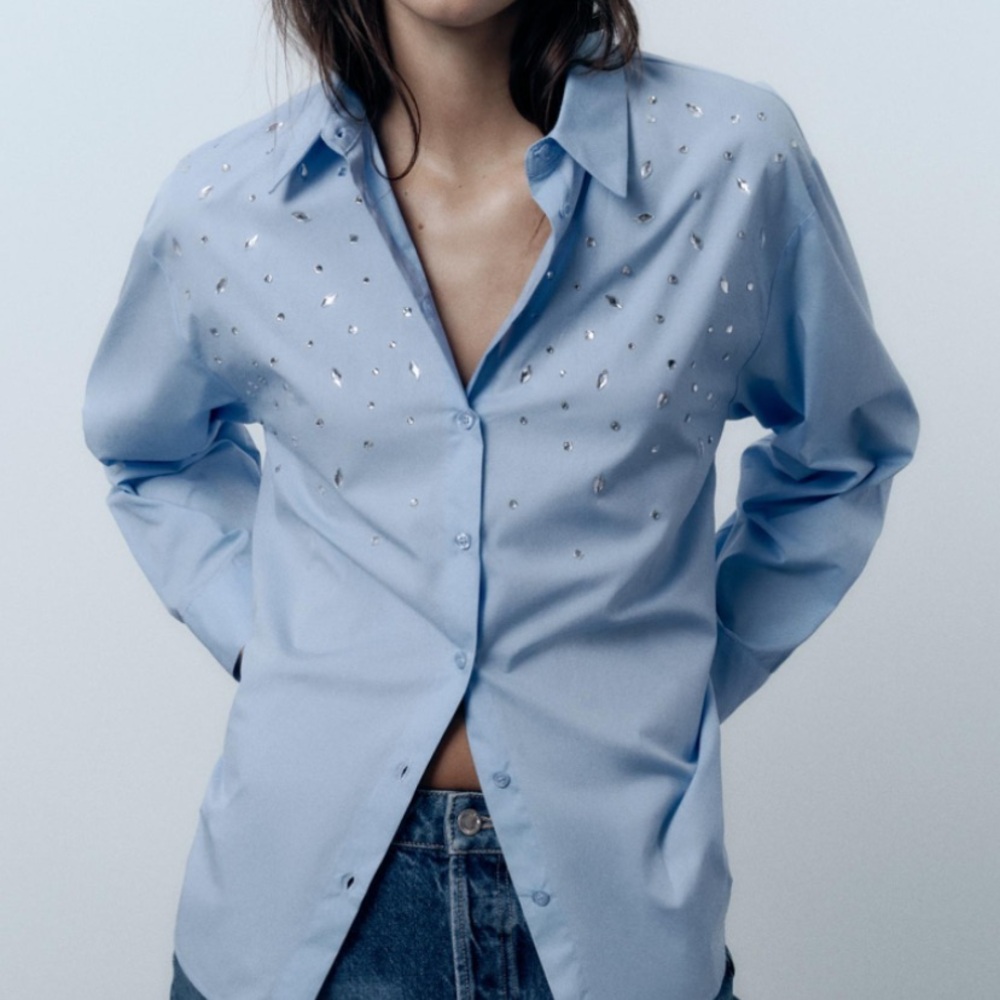 ZARA RHINESTONES BEADED POPLIN SHIRT LIGHT BLUE XS